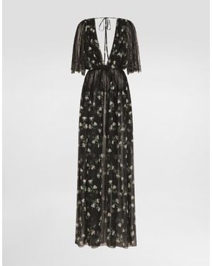 Dolce & Gabbana Violets-Print Chiffon Robe Dress - Black
