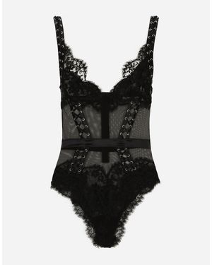 Dolce & Gabbana ボディスーツ レース＆チュール ストラップ＆アイレット - ブラック