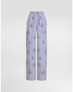 Dolce & Gabbana Poplin Pants With Floral Embroidery - Blue