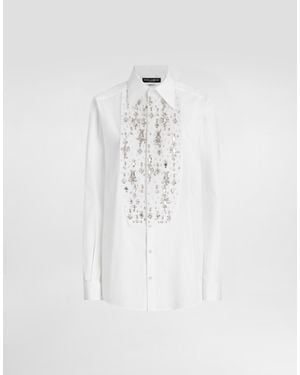 Dolce & Gabbana Cotton Tuxedo Shirt With Rhinestone-Embroidered Shirt Front - White