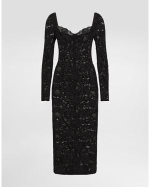 Dolce & Gabbana Calf-Length Floral Lace Dress With Bra-Style Cups - Black
