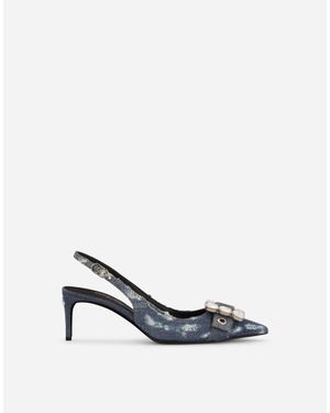 【デニムパッチワーク】D&G ラインストーンバックル サンダル ブルーのウィメンズ スライドサンダル デニムパッチワーク