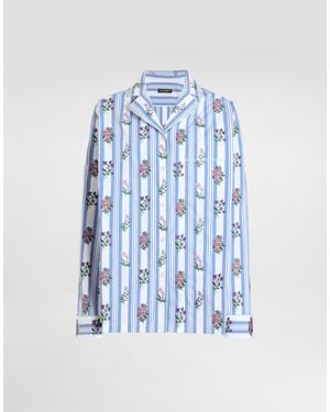 Dolce & Gabbana Poplin Shirt With Flower Embroidery - Blue