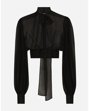 Dolce & Gabbana Short Silk Chiffon Pussy-Bow Blouse - Black