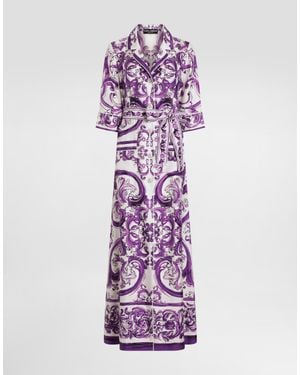 Dolce & Gabbana Long Majolica-Print Silk Dressing Robe - Purple