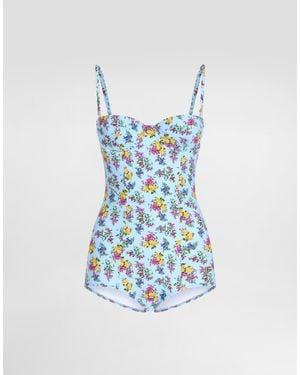 Dolce & Gabbana Small Floral-Print Balconette One-Piece Swimsuit - Blue