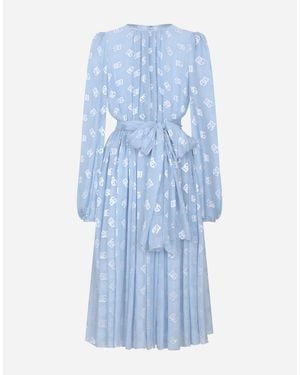 Dolce & Gabbana Dévoré Silk Jacquard Calf-Length Dress With Dg Logo - Blue