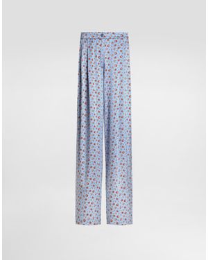 Dolce & Gabbana Small Rose-Print Wide Silk Trousers - Blue