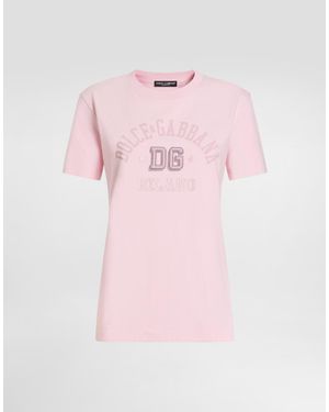 Dolce & Gabbana Oversize Jersey T-Shirt With Raised Dg Logo Embroidery - Pink