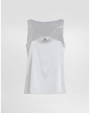 Dolce & Gabbana Satin Tank Top With Dg Logo Pin - White