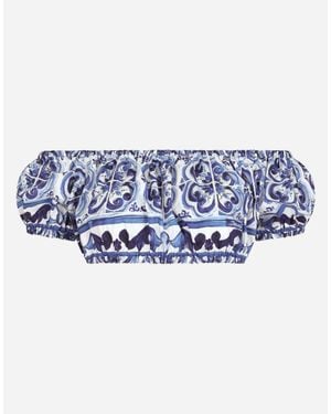 Dolce & Gabbana Cotton Poplin Crop Top With Majolica Print - Blue