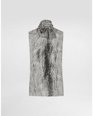 Dolce & Gabbana Fur-Print Chiffon Pussy-Bow Shirt - Gray