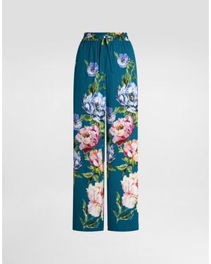 Dolce & Gabbana Peony-Print Silk Vanity Trousers - Blue