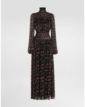 Dolce & Gabbana Floral-Print Long Chiffon Dress - Black