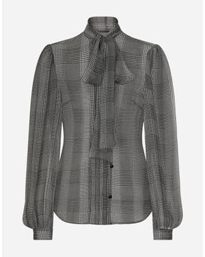Dolce & Gabbana Silk Chiffon Shirt With Glen Plaid Print - Gray
