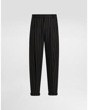 Dolce & Gabbana Pinstripe Linen-Blend Trousers With Double Darts - Black