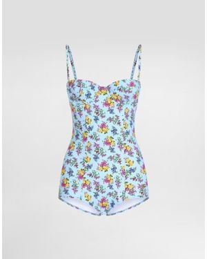 Dolce & Gabbana Small Floral-Print Balconette One-Piece Swimsuit - Blue