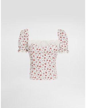 Dolce & Gabbana Small Rose-Print Charmeuse Top - White