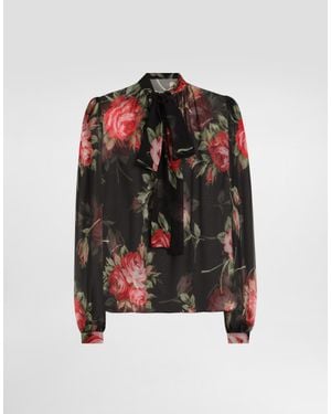 Dolce & Gabbana Rose Bouquet-Print Chiffon Top - Black