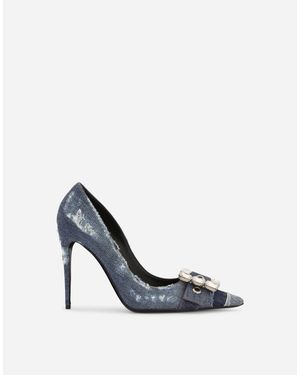 Dolce & Gabbana Patchwork Denim Court Shoes With Rhinestone Buckle - White