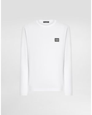 Dolce & Gabbana T-shirt maniche lunghe con placca logata - Bianco