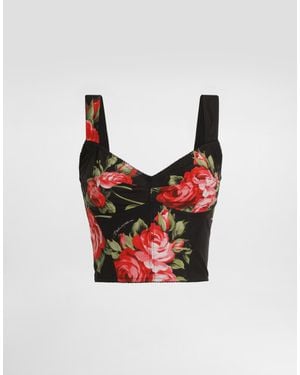 Dolce & Gabbana Rose Bouquet-Print Cotton Bustier Top - White