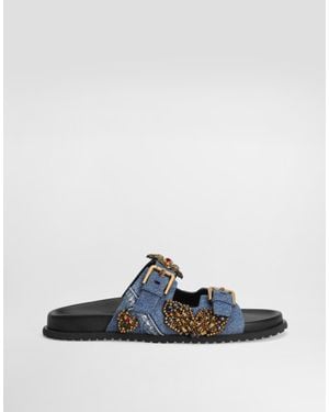 Dolce & Gabbana Flat Denim Slippers With Embroidery - Blue