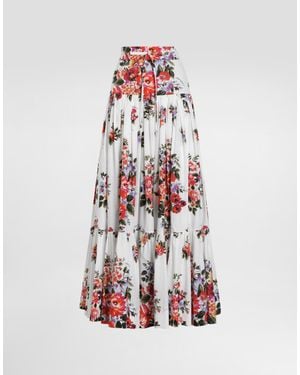 Dolce & Gabbana Flower Bouquet-Print Poplin Long Skirt - White