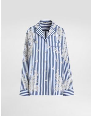 Dolce & Gabbana Cotton Shirt With Flowers And Lace Embroidery - Blue