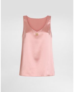 Dolce & Gabbana Satin Tank Top With Dg Logo Pin - Pink