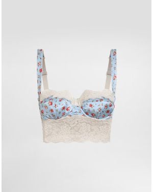 Dolce & Gabbana Small Rose-Print Satin And Lace Balconette - Blue
