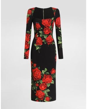 Dolce & Gabbana Vestido Midi En Charmeuse Con Estampado De Rosas - Rojo
