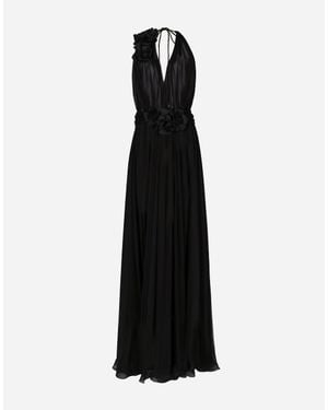 Dolce & Gabbana Long Silk Chiffon Dress With Floral Appliqué - Black