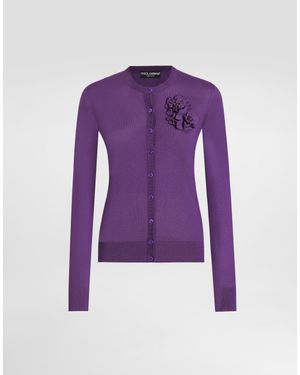 Dolce & Gabbana Silk Cardigan With Flower Brooch - Purple