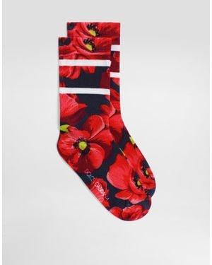 Dolce & Gabbana Poppy-Print Cotton Socks - Red