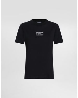 Dolce & Gabbana T-Shirt With A Logo Finished With Shimmering Crystals - Black