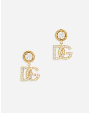 Dolce & Gabbana Earrings With Rhinestones And Dg Logo - Bianco