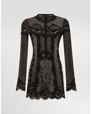 Dolce & Gabbana Lace-Panel Long-Sleeve Mini Dress - Black