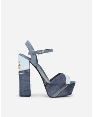 【デニムパッチワーク】D&G ラインストーンバックル サンダル ブルーのウィメンズ スライドサンダル デニムパッチワーク