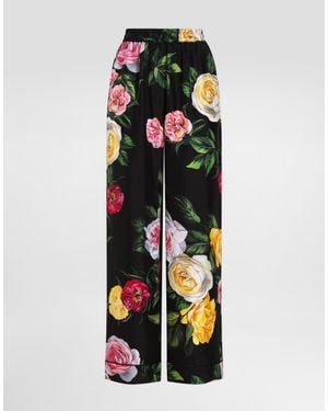 Dolce & Gabbana Silk Habotai Pyjama Trousers With Peony And Rose - White