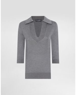 Dolce & Gabbana Silk V-Neck Polo-Shirt With Dg Logo Embroidery - Grey