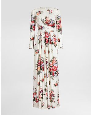 Dolce & Gabbana Flower Bouquet-Print Charmeuse Dress - White