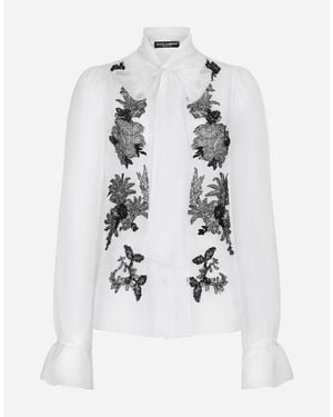 Dolce & Gabbana Organza Pussy-Bow Shirt With Lace Appliqués - White