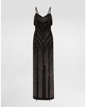 Dolce & Gabbana Long Marquisette Dress With Sequined Fringe Embellishment - Black
