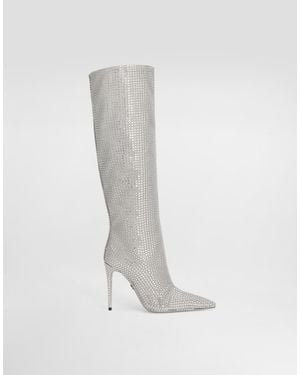 Dolce & Gabbana Kim Satin Boots With Fusible Rhinestones - White