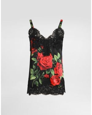 Dolce & Gabbana Rose-Print Satin Top - Red