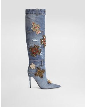 Dolce & Gabbana Denim Boots With Embroidery And Stones - Blue