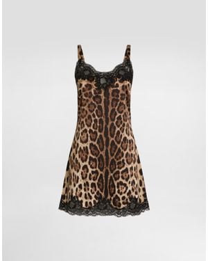 Dolce & Gabbana Sottoveste lingerie in raso stampa leopardo con pizzo - Marrone