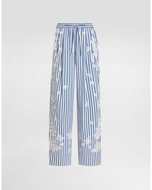 Dolce & Gabbana Striped Poplin Pants With Embroidery And Rhinestones - Blue