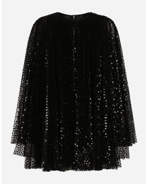 Dolce & Gabbana Short Pleated Dress With Full Sequined Sleeves - Black